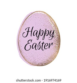 Feliz tarjeta de saludo de Pascua con caligrafía y boceto de huevo dorado. Ilustración vectorial aislada en fondo blanco.