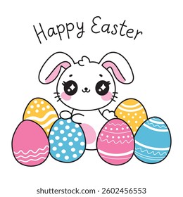 Happy Easter hand drawn greeting card with text lettering, cute kawaii bunny rabbit and colored ornate Easter eggs in simple cartoon style