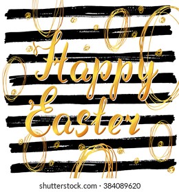 Happy Easter hand drawn greeting card with lettering and sketched doodle elements, gold on black lines background.