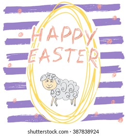 Happy Easter hand drawn greeting card with lettering and sketched doodle elements cute sheep in easter egg shape on color background.
