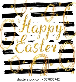 Happy Easter hand drawn greeting card with lettering and sketched doodle elements, gold glitter on black lines background.