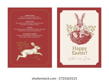Happy Easter hand drawn holiday red greeting card set. Elegant vintage design. Vector sketch illustration.