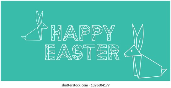 Felices letras dibujadas a mano de Pascua con conejitas en estilo origami sobre fondo turquesa. Ilustración plana vectorial para saludos, invitaciones, impresiones, tarjetas, carteles, diseño y decoración de Semana Santa, web