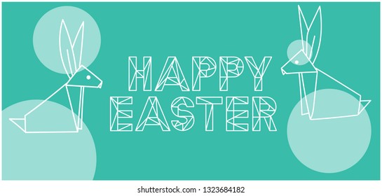 Happy Easter -hand drawn lettering with bunnies in origami style on turquoise background. Flat vector illustration for easter design and decoration, invitations, greetings, cards, prints, posters, web