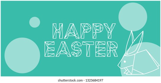 Happy Easter -hand drawn lettering with bunnies in origami style on turquoise background. Flat vector illustration for invitations, greetings, prints, cards, posters, easter design and decoration, web