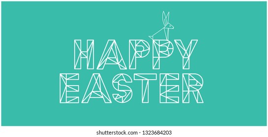 Happy Easter -hand drawn lettering with bunnies in origami style on turquoise background. Flat vector illustration for greetings, invitations, cards, posters, prints, easter design and decoration, web