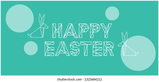 Happy Easter -hand drawn lettering with bunnies in origami style on turquoise background. Flat vector illustration for easter design and decoration, invitations, greetings, cards, prints, posters, web