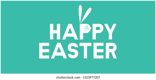 Happy Easter - hand drawn lettering with bunny on turquoise background. Flat vector illustration for invitations, greetings, cards, prints, posters, banners, easter design and decoration, web.
