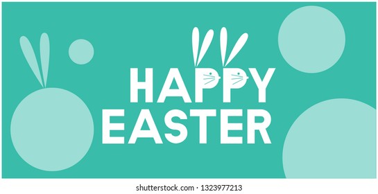 Happy Easter - hand drawn lettering with bunnies on turquoise background. Flat vector illustration for greetings, invitations, cards, posters, prints, banners, easter design and decoration, web.