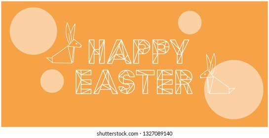 Happy Easter - hand drawn lettering with bunnies on yellow background. Flat vector illustration for Easter design and decoration, greetings, invitations, cards, posters, banners, prints, flyers, web.