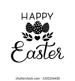 Happy Easter hand drawn lettering isolated on white background. Easter card with eggs, leaves and heart. Print for greeting card, party invitation, poster, flyer, banners