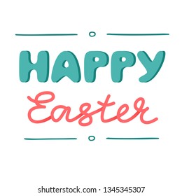 Happy Easter hand drawn lettering, isolated calligraphic sign to congratulate with Easter, text phrase design with dividers for banner and greeting cards, vector illustration