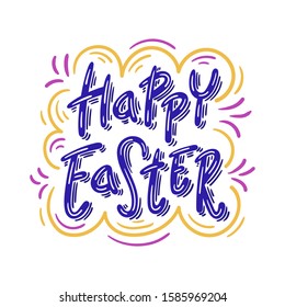 Happy Easter hand drawn lettering with decorative elements - Vector illustration - For Easter greeting card, badge, sticker