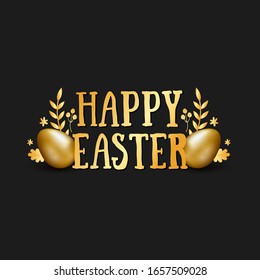Feliz Pascua con letras dibujadas a mano con huevos dorados y doodles sobre fondo negro. Tarjeta de felicitación de Pascua