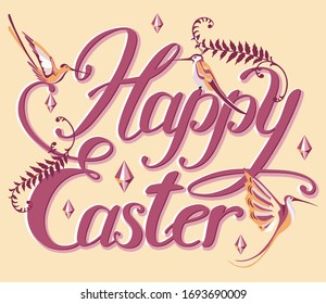 happy easter hand drawn lettering set with decorative elements