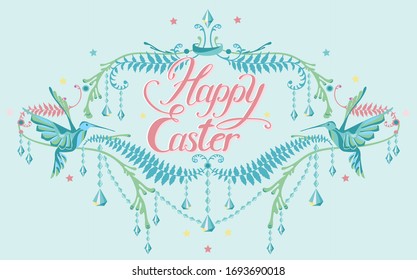 happy easter hand drawn lettering set with decorative elements