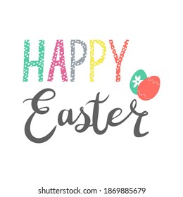 Felices letras dibujadas a mano en Pascua. Inscripción multicolor de Pascua. Letras de vacaciones de estilo plano con símbolos de Pascua - huevos de Pascua.