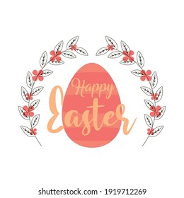 happy easter hand drawn lettering egg and flowers vector illustration white background