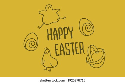 Happy Easter hand drawn lettering with doodles of cute chicks and eggs