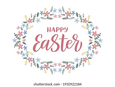 Happy Easter hand drawn lettering. Floral frame. Template for, banner, poster, flyer, greeting card, web design, print design. Vector illustration.