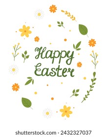 Happy Easter, hand drawn lettering with flowers in an Easter egg. Design for Easter holiday card and invitation. Vector illustration.