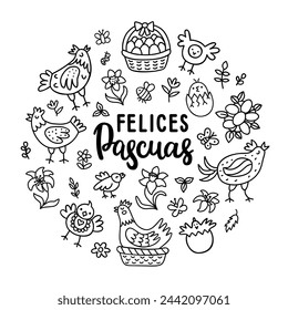 Happy Easter hand drawn lettering text quote in Spanish on the circle festive background. Doodle chickens, roosters, eggs and lily flowers. EPS 10 vector round background. 