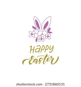 Happy Easter hand drawn lettering quote with bunny vector illustration. Line art rabbit ears with eggs, flowers isolated on white. Doodle spring clipart for holiday greeting card, banner, poster