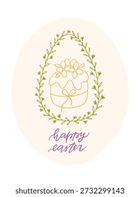 Happy Easter hand drawn lettering quote with floral egg. Line art vector illustration isolated on white. Spring clipart for holiday greeting card, banner, poster