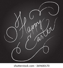 Happy Easter. Hand drawn lettering. Chalk board background. Stock vector.