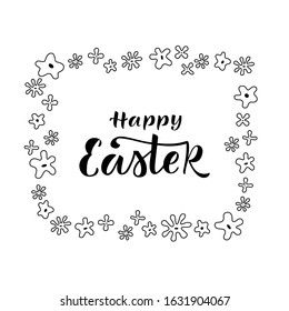 HAPPY EASTER- hand drawn modern calligraphy design vector illustration. Easter decoration. Black lettering. Vector illustration with decorative Eaeter wreath. Poster, greeting card template.