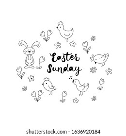 HAPPY EASTER- hand drawn modern calligraphy design vector illustration. Easter decoration. Black lettering. Vector illustration with decorative Eaeter wreath. Poster, greeting card template.