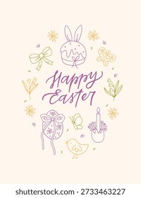 Happy Easter hand drawn phrase drawing. Line art celebration vector illustration with floral, bow, egg, saying on beige background. Spring doodle for holiday greeting card, banner, poster, decoration
