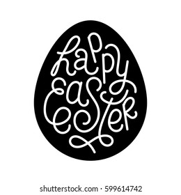 Happy Easter hand drawn phrase. Holiday greeting in egg shape. White lettering on black background.