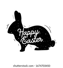 Happy Easter Hand Drawn Quote Rabbit Silhouette Isolated in White Background