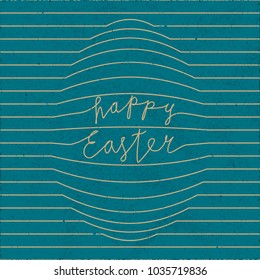 Happy Easter Hand Drawn Retro Style Logo Lettering with Egg Shape Created by Repeating Horizontal Lines - Beige Elements on Turquoise Rough Paper Background - Vintage Calligraphy Illusion Design