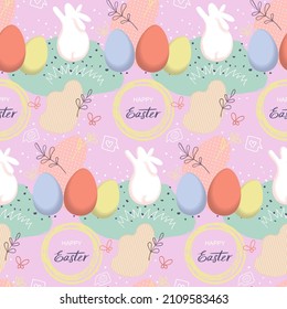 Happy Easter hand drawn seamless pattern with eggs and rabbits