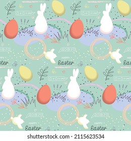 Feliz Pascua dibujado a mano sin fisuras con huevos y conejos