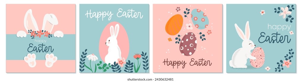 Happy Easter hand drawn square greeting cards in a flat style. Cute vector design with bunny, Easter eggs, flowers, plants and text in pastel colors. For posters, banners, covers and social media.