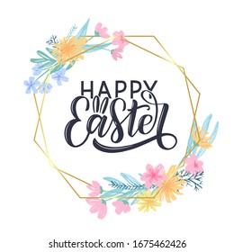 Happy easter hand drawn text as greeting card, poster, banner, social media post. Festive design with hand drawn flower frame. Easter vector concept.