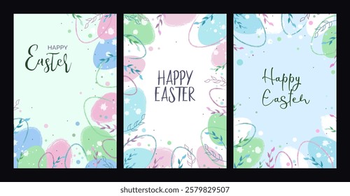 Happy Easter. Hand drawn textured eggs and spring floral. Holiday poster, banner, greeting card. Vector illustration