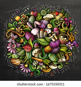 Happy Easter hand drawn vector doodles illustration. Holiday elements and objects cartoon background. Color funny picture. All items are separated