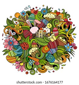 Happy Easter hand drawn vector doodles illustration. Holiday elements and objects cartoon background. Color funny picture. All items are separated