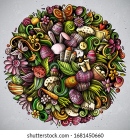 Happy Easter hand drawn vector doodles illustration. Holiday elements and objects cartoon background. Color funny picture. All items are separated
