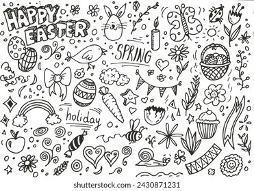 Happy easter hand drawn vector doodles, cartoon style elements