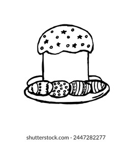 Happy Easter hand drawn vector lettering, Easter cake with eggs isolated on a white background.