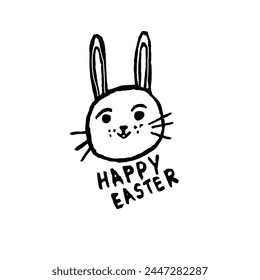 Happy Easter hand drawn vector letters and bunny isolated on white background. Congratulatory slogan. Flat typography design.
