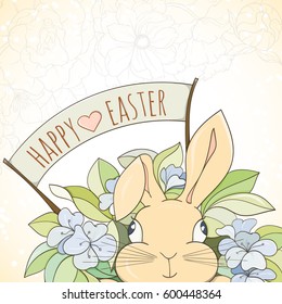 Happy Easter hand drawn vector illustration retro card. Bunny in flowers on light background can be used for invitation, banner template, flyer, sale, website, cover. Art concept.