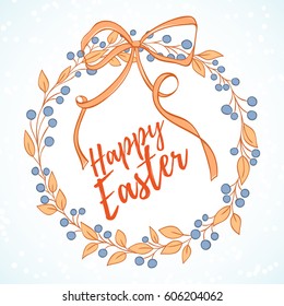 Happy Easter hand drawn vector illustration. Wreath of leaves with ribon on light background can be used for invitation, card, banner template, flyer, sale, website, cover. Art concept.