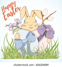 Happy Easter hand drawn vector illustration retro card. Bunny in flowers on light background can be used for invitation, banner template, flyer, sale, website, cover. Art concept.