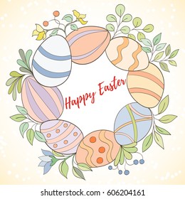 Happy Easter hand drawn vector illustration. Wreath of eggs and flowers on light background can be used for invitation, card, banner template, flyer, sale, website, cover. Art concept.